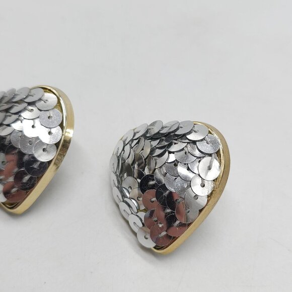 Vintage 1980s Heart Shaped Gold-Tone Post Back Earrings With Silver Sequin - Picture 3 of 5